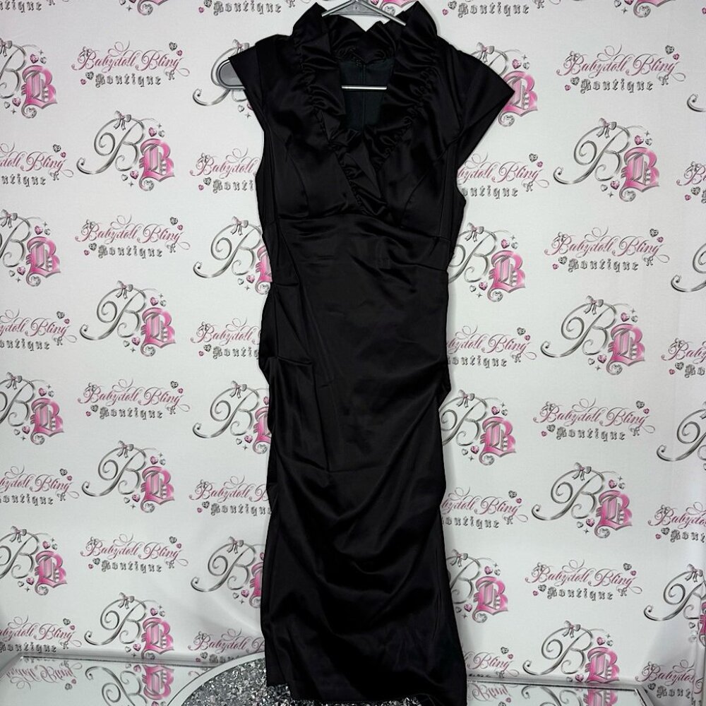 BA nites dress ruffle neckline cinching sexy bodycon tight fitting flattering